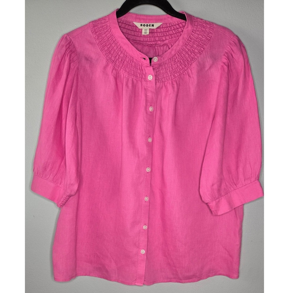 Boden Pink 100% Linen Smocked Button Front Blouse Top US 10